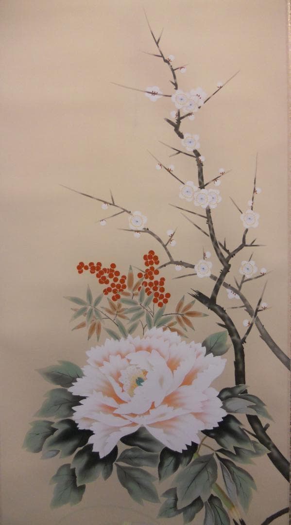 掛け軸 飯島千里 四季草花 絹本 希少 軸装 茶道具 掛軸 美品 です。