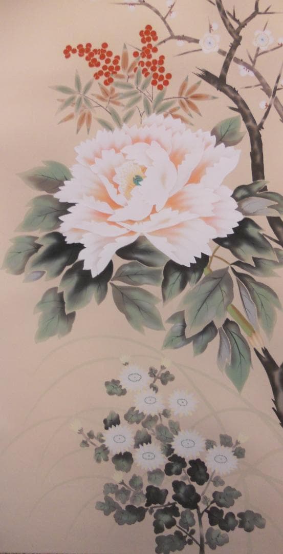 掛け軸 飯島千里 四季草花 絹本 希少 軸装 茶道具 掛軸 美品 です。