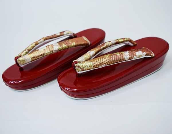 草履バッグセット 帯地 刺繍 二段 フリーサイズ 赤色×金色 NO42098