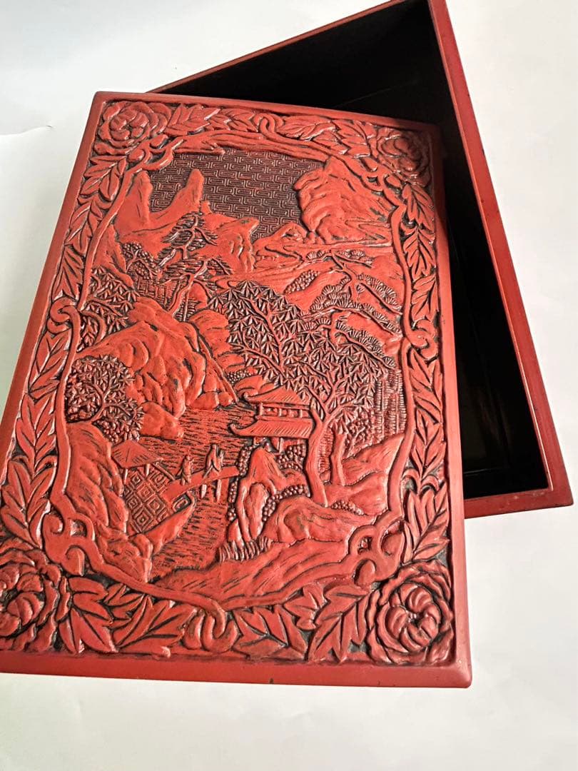 堆朱 楼閣山水図 硯箱 文箱 書道具 文房具