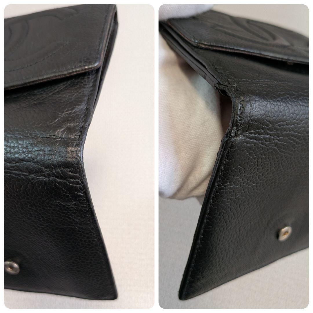 シャネル　デカココ　Wホック折り財布　黒　キャビアスキン　チェーン　ウォレット