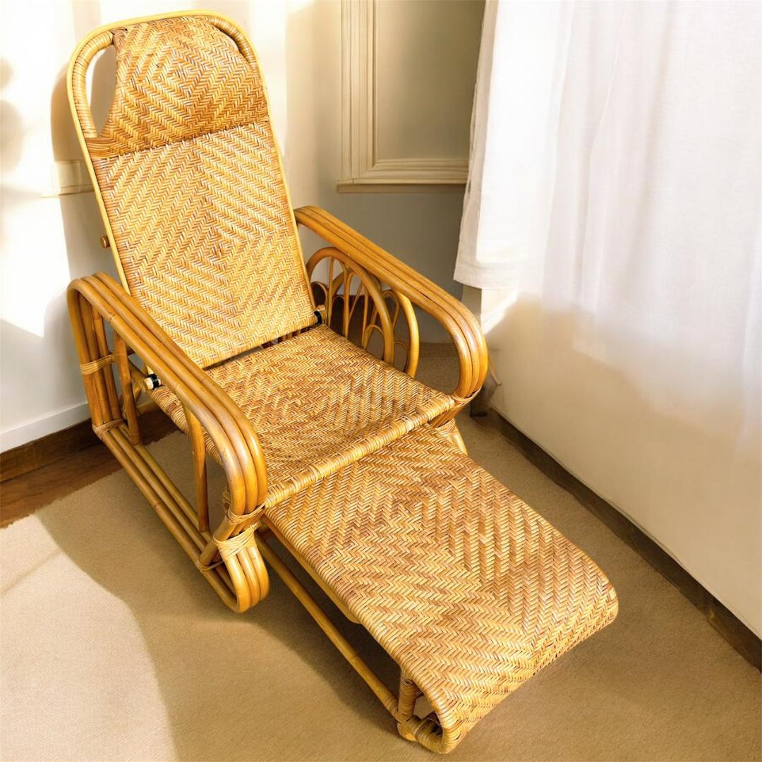 送料無料】 ラタン リクライニングアームチェア マガジンラック