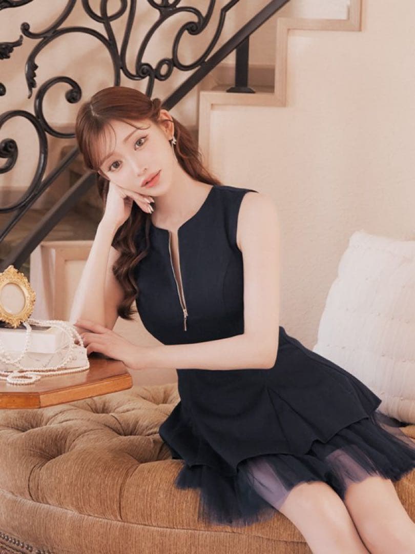 DEA robe de fleurs ネイビーフリルミニドレス