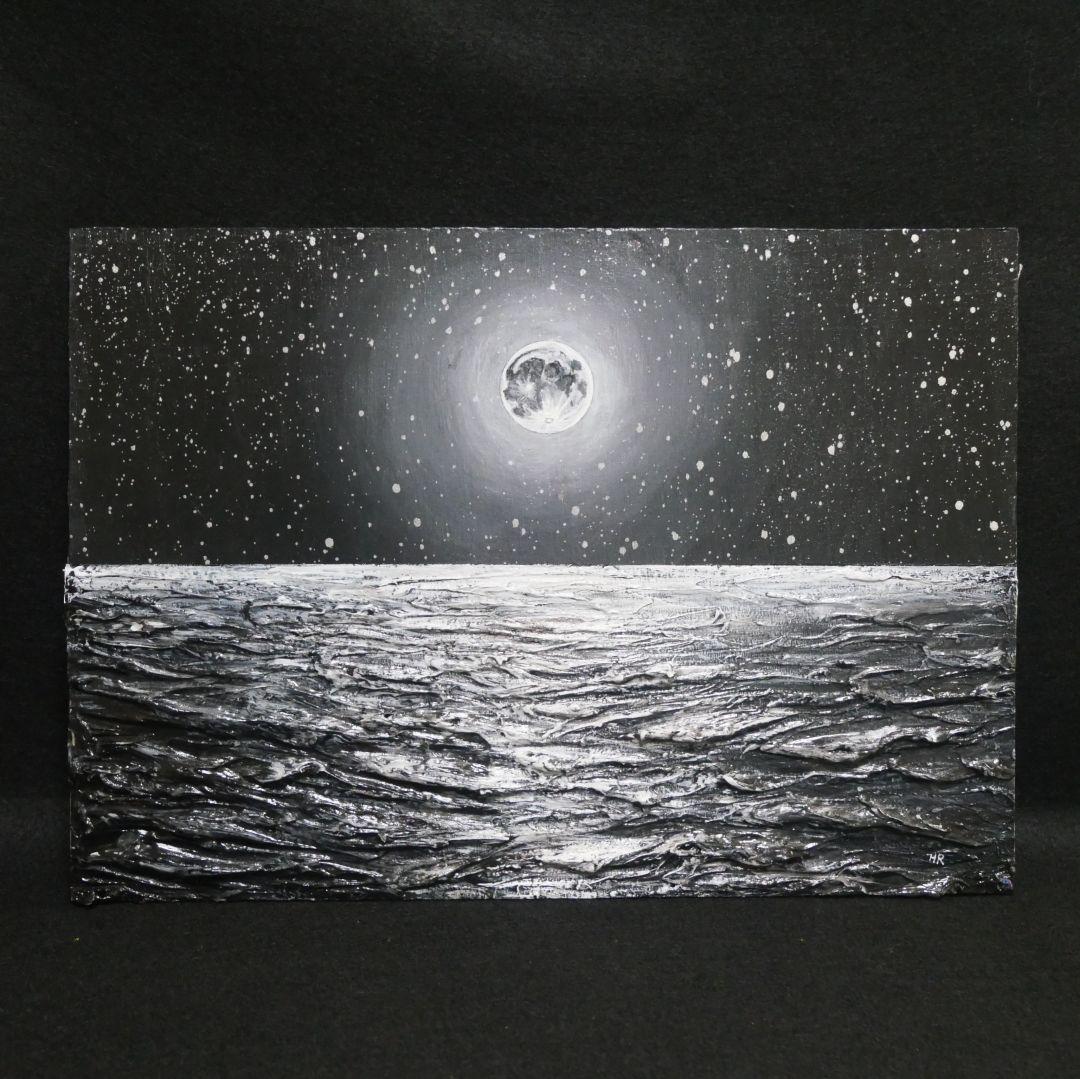 【作品名】：油絵【白黒の満月と星空の海】