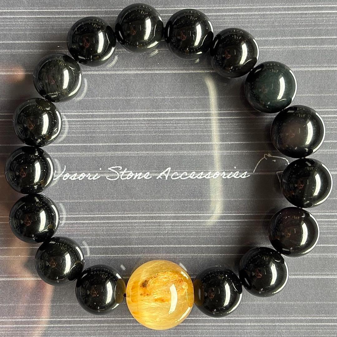 15.5mm ゴールドルチル　オブシディアン　ブレスレット　天然石