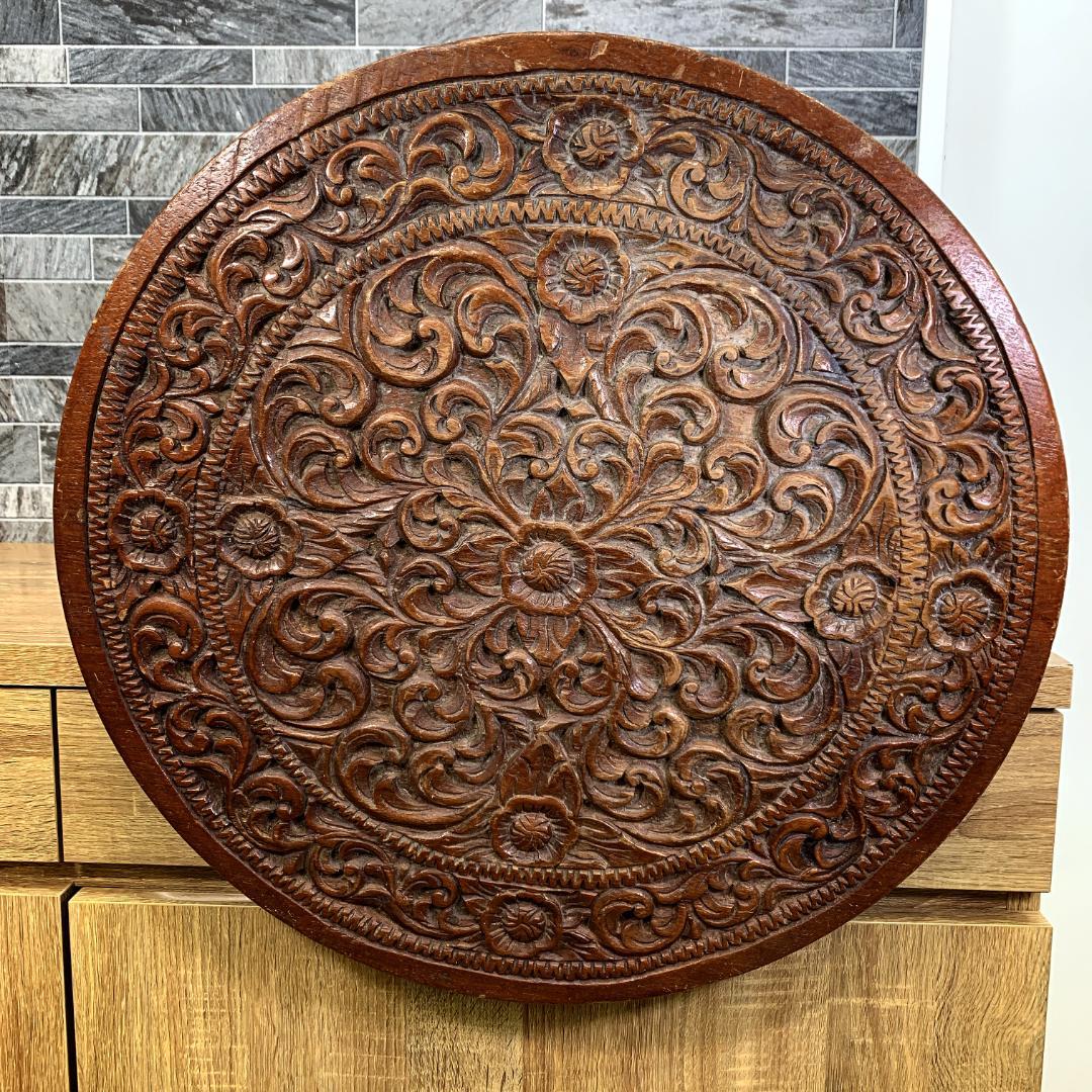 インド民芸品 木彫り机 天板直径51.5㎝サイズ 花台 サイドテーブル