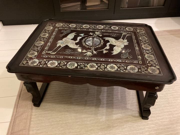 ローテーブル 高級アンティーク 螺鈿 貝細工 折り畳める 送料込