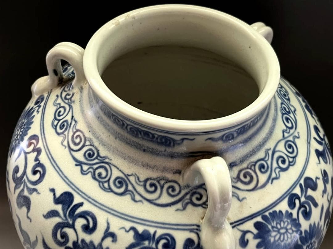 壷■安南染付耳付唐草文瓶 青華 花文大壺 古壷 花瓶花器 古玩 唐物  時代物■