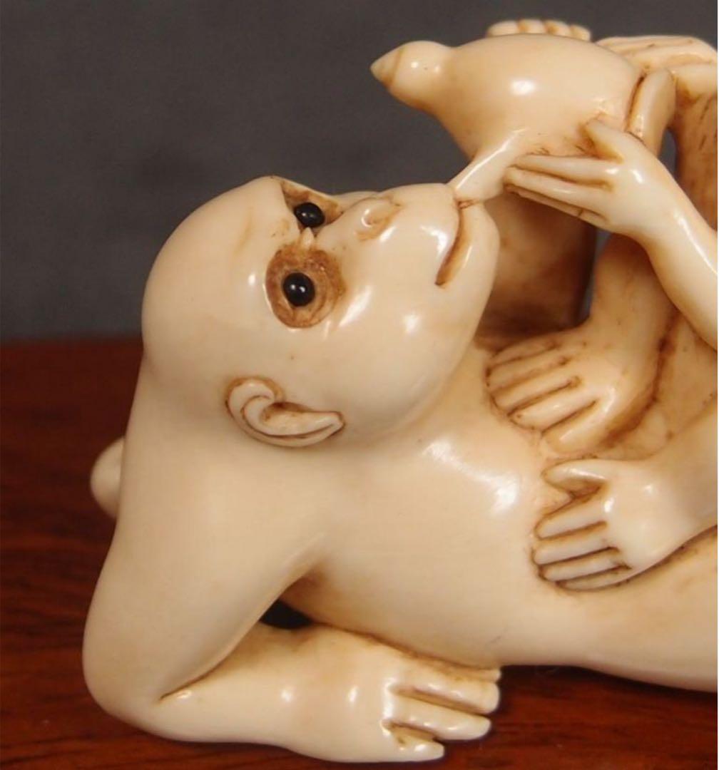 送料無料　コレクター放出　猿親子根付　4.5×3.2×2.5　優品