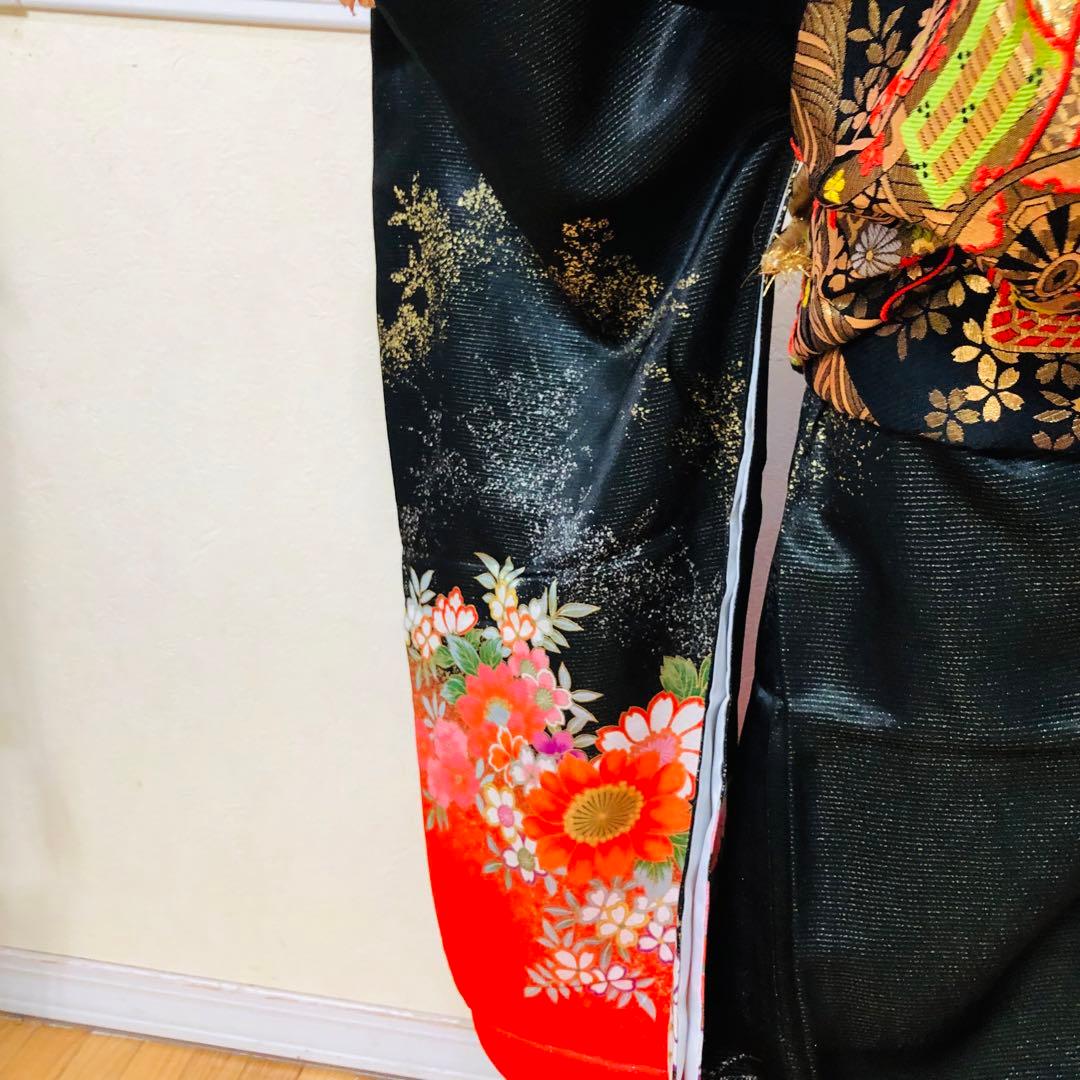 七五三七歳❣️豪華黒地ラメ花々金彩⭐︎正絹全通袋帯刺繍煌びやか⭐︎完全フルセット