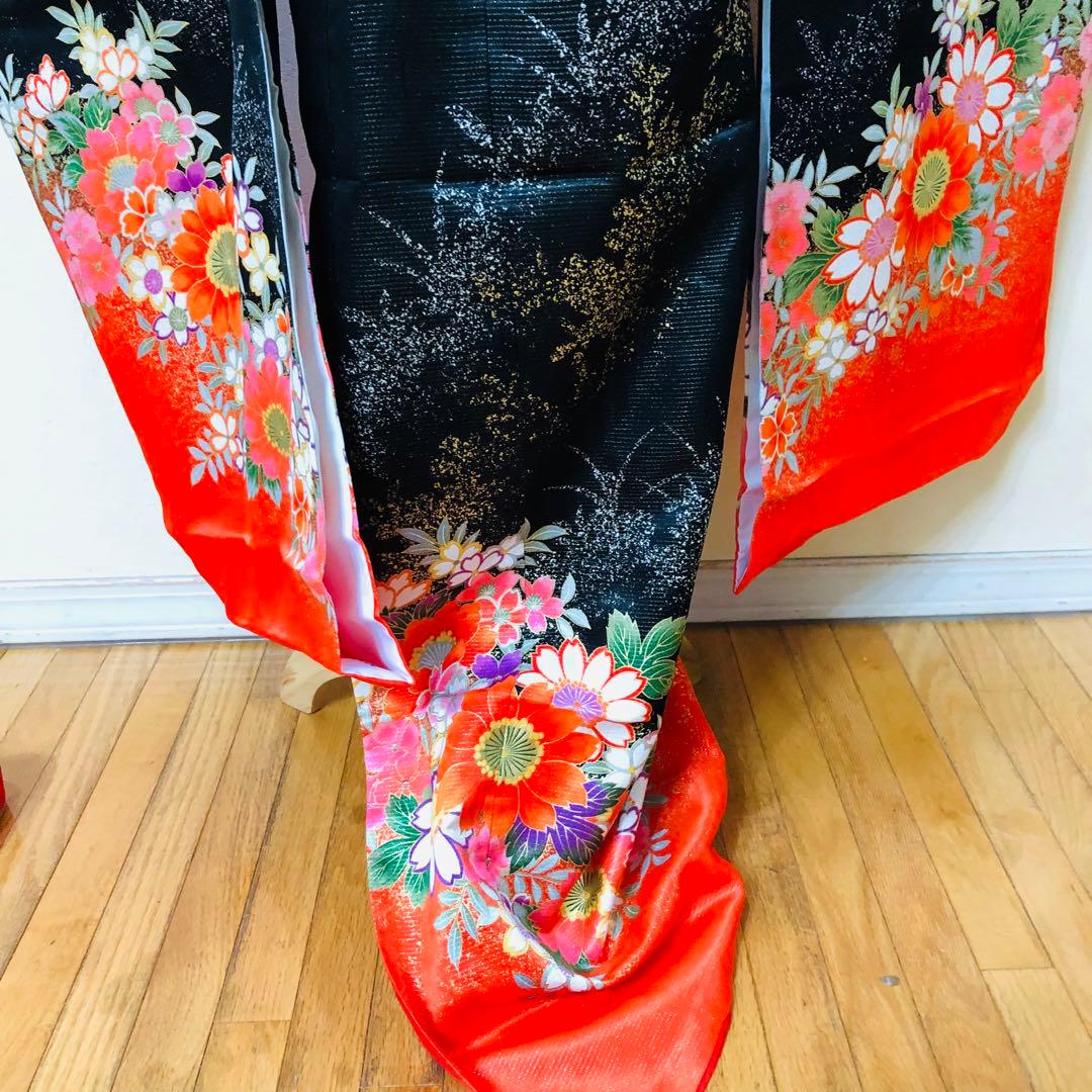 七五三七歳❣️豪華黒地ラメ花々金彩⭐︎正絹全通袋帯刺繍煌びやか⭐︎完全フルセット