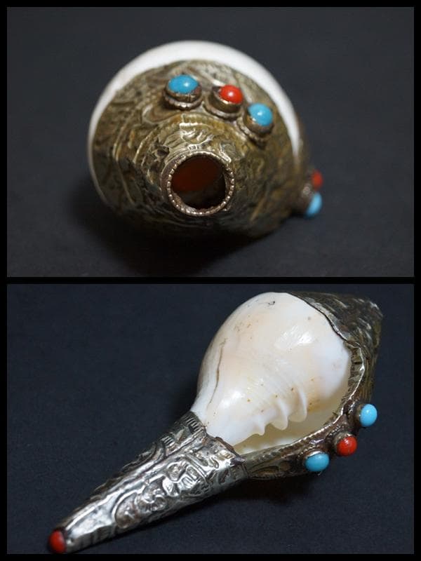 チベット密教法具法螺貝(シャンカ)銀製シルバー巻き手造り打出し『唐草