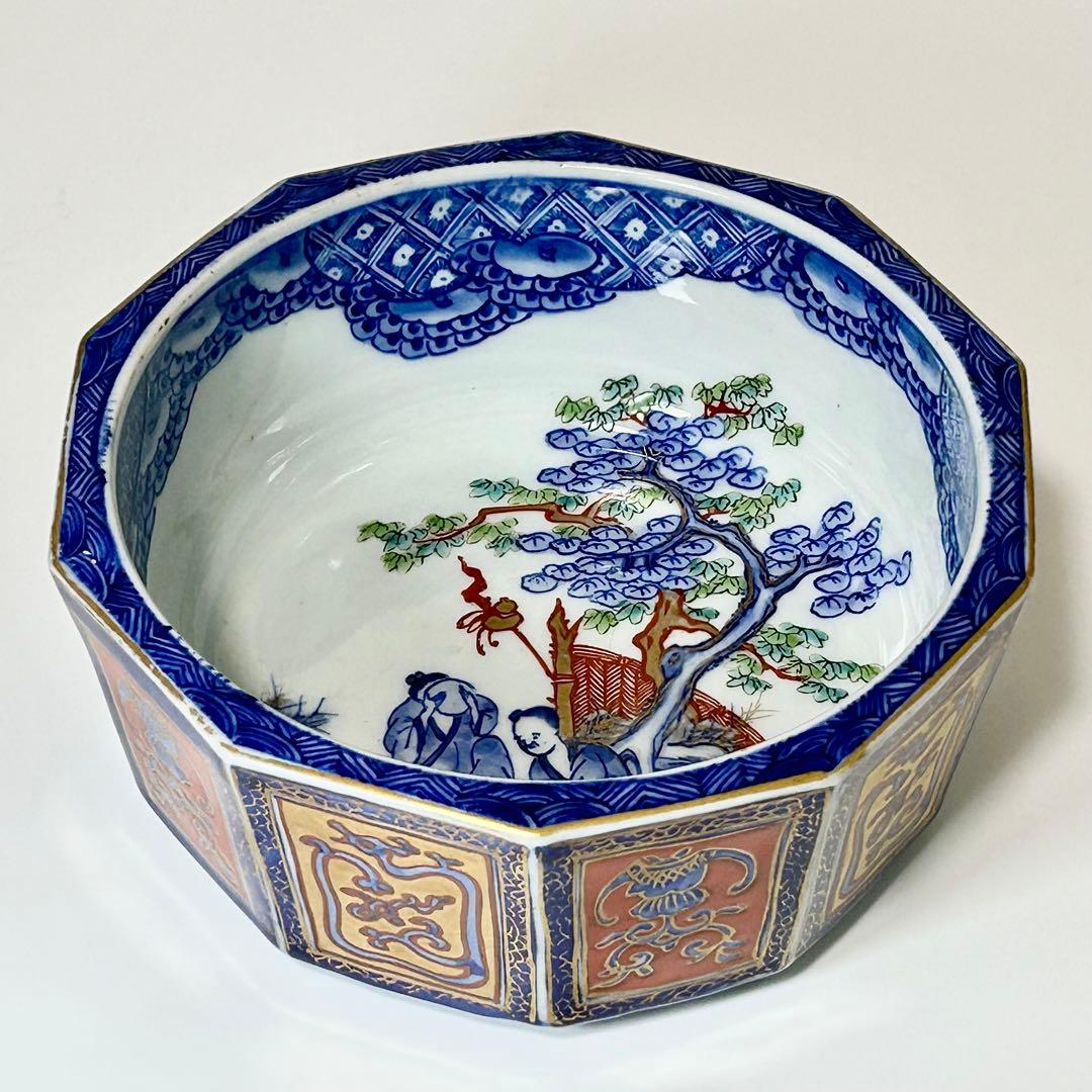 明治初期 山口伊右衛門 染錦面取鉢 伊万里 有田