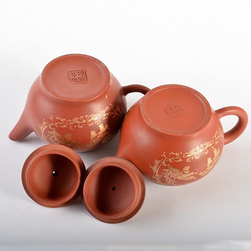 中国　洪星紫砂　朱泥　金彩山水人物文　急須　茶壷　箱付　C　6008