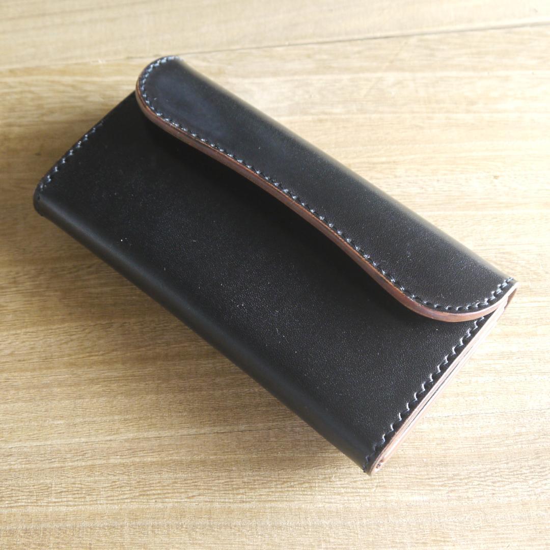 ヌメ革　栃木レザー　サドルレザー　赤タグ付き　ロングウォレット　三つ折り　黒