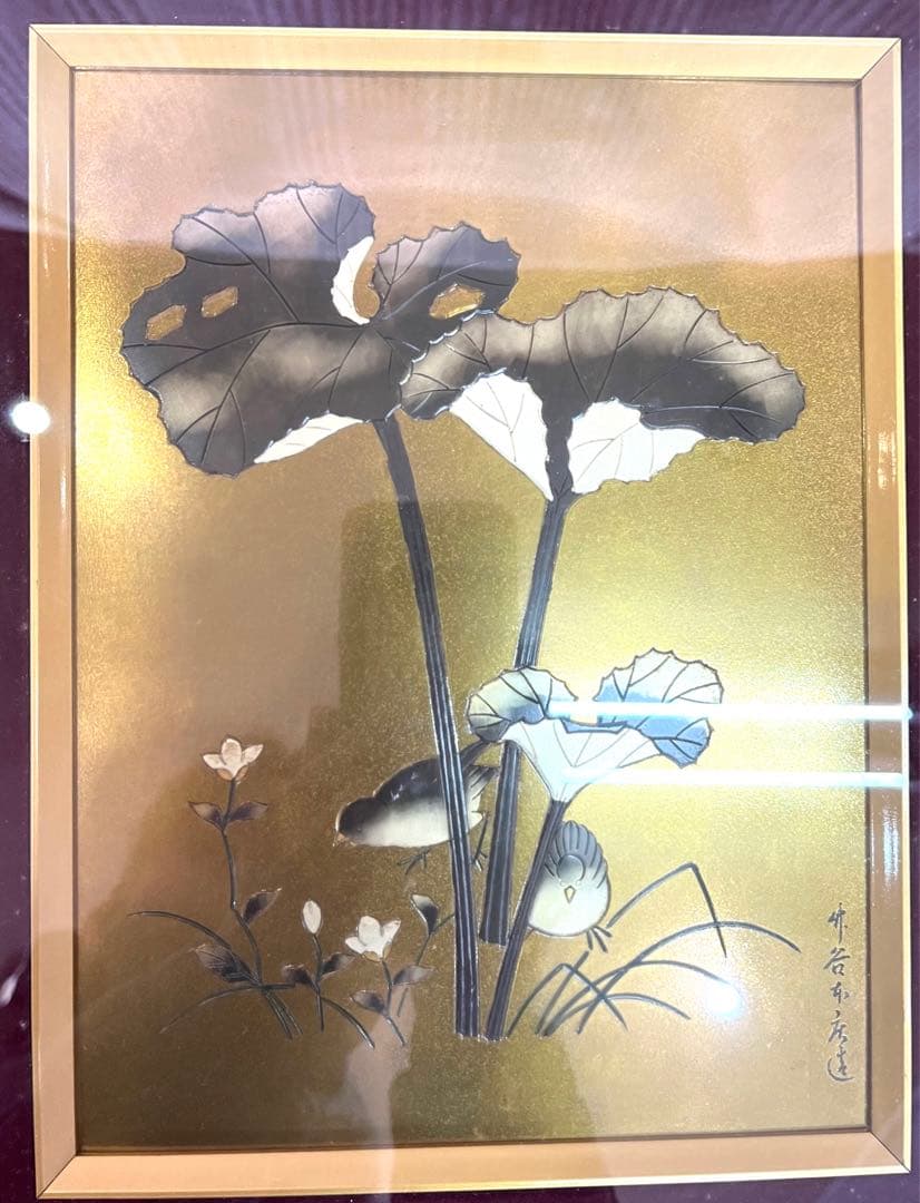 【アンティーク】額装 額縁 鉄板彫刻 葉っぱ リーフ 鳥 金色 オブジェ 飾り物