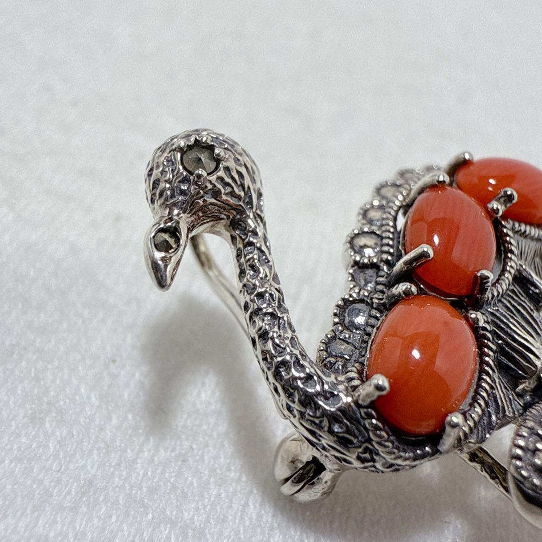 碌山 ロクザン SILVER925 珊瑚 コーラル フラミンゴ ブローチ レディース