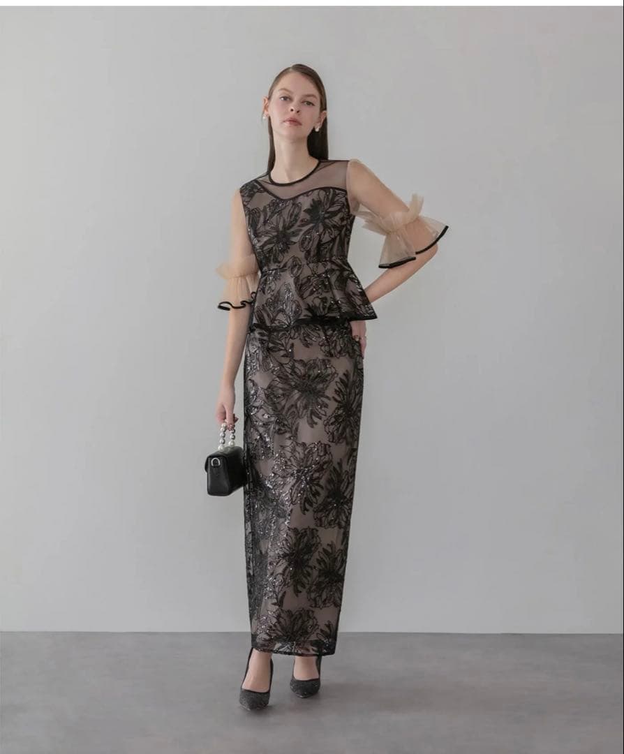 アシンメトリーシアーフラワースパンコールフリルチュール セットアップドレス アシンメトリーシアーフラワースパンコールフリルチュール