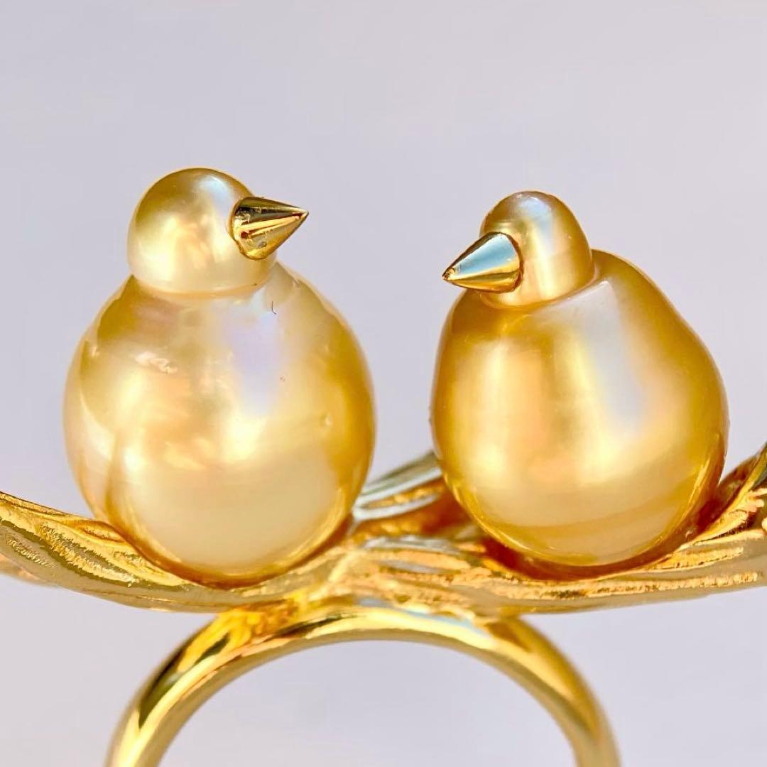 本真珠南洋白蝶真珠ゴールド&濃金s925「鳥と枝」リングY1005