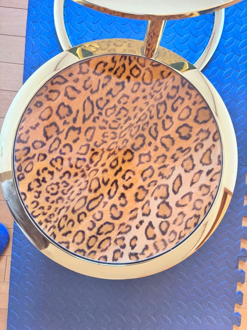形スライドテーブル サイドテーブル 豹柄 ガラステーブル ラウンドテーブル
