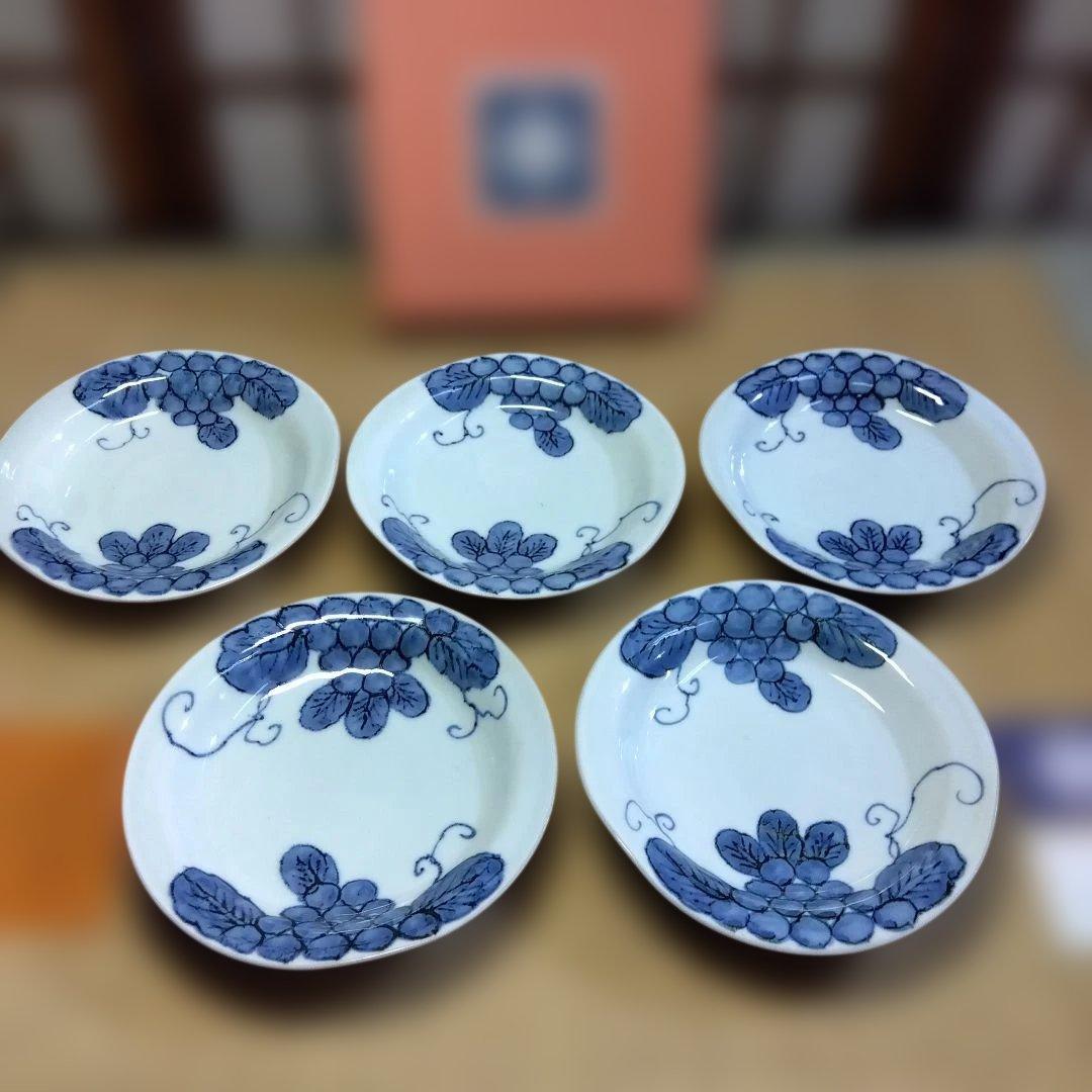 たち吉 染付皿5客 青いぶどう模様の陶器皿5枚セット 箱入 未使用