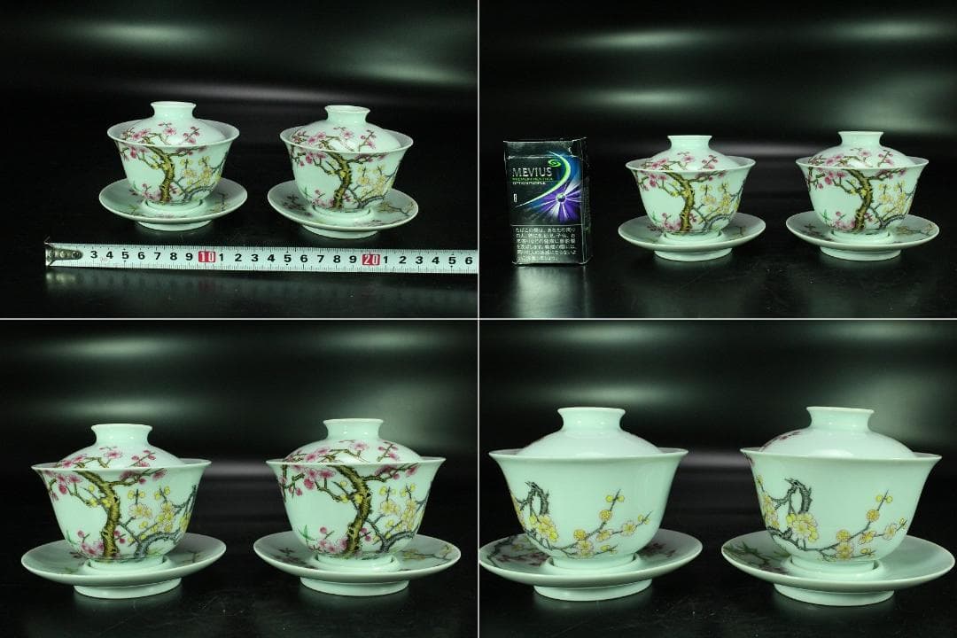 中国美術 粉彩 花鳥画 蓋碗 皿 一対(K-HA502)