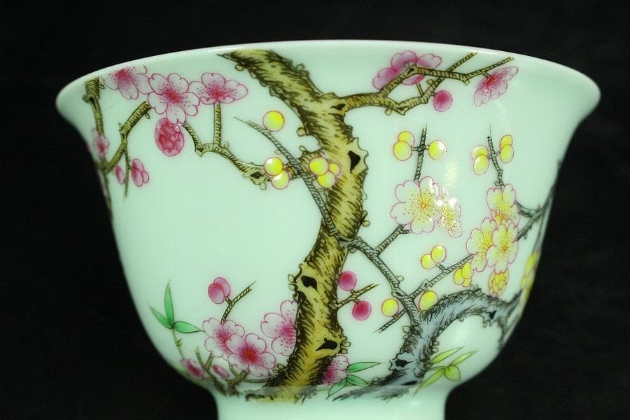 中国美術 粉彩 花鳥画 蓋碗 皿 一対(K-HA502)