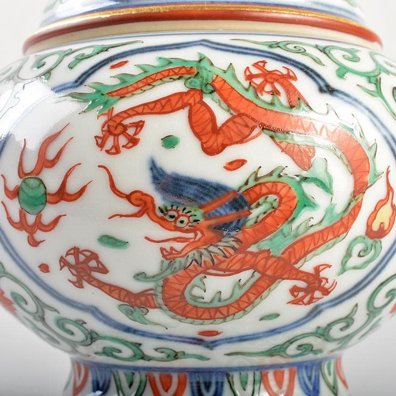 篩月庵　三浦竹泉造　赤絵金彩　花唐草龍文　双耳遊環香炉　共布共箱　J　R7438