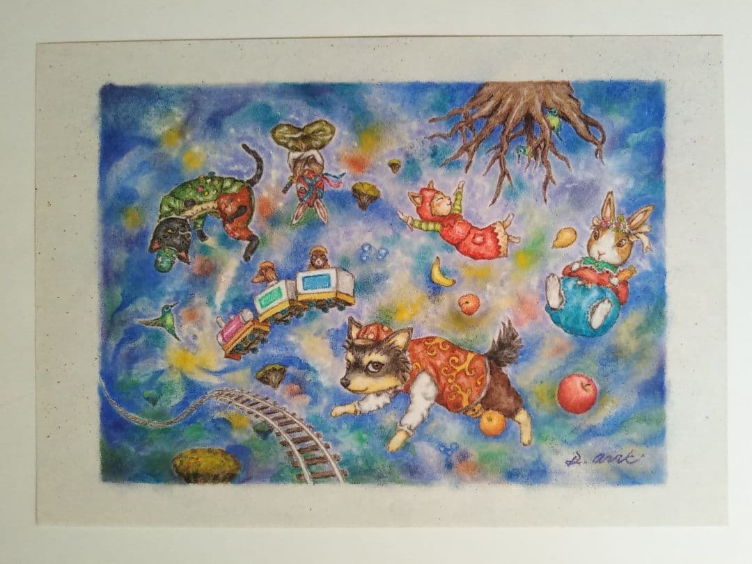 【原画】『重量0地点』（動物画　パステル画　犬　猫　チワワ）