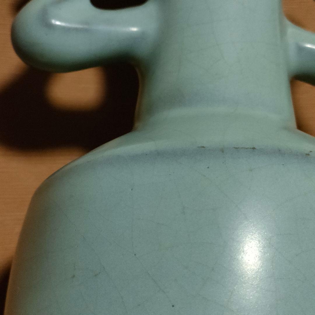 中国美術 月白釉 時代物 アンティーク 双耳花入 花瓶 仿汝窯 清朝