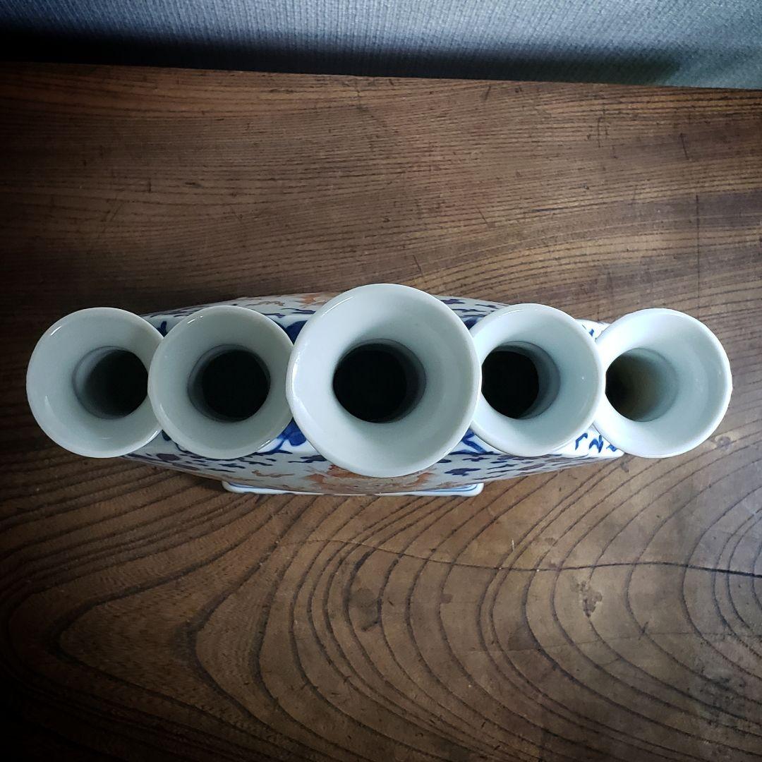 大清乾隆年製 五連多口花瓶 染付 龍紋 中国 花器 花生