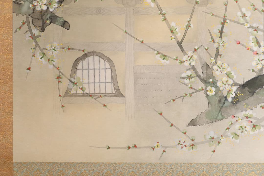 【真作】日本画 宮本昌雄「梅の寺」絹本 掛け軸 木箱 横物 MA434