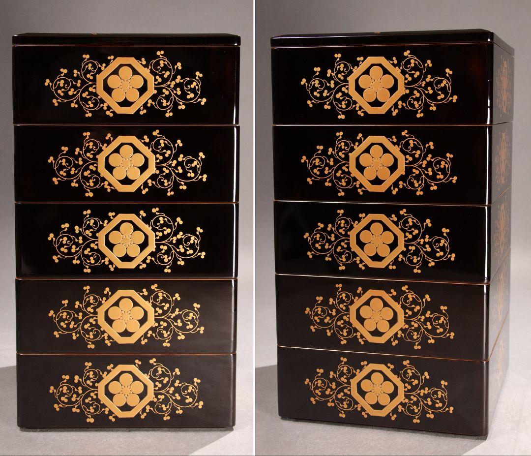 M486 輪島塗 八重門彦助 梅鉢家紋 蔦 宝尽くし金蒔絵 黒塗五段重