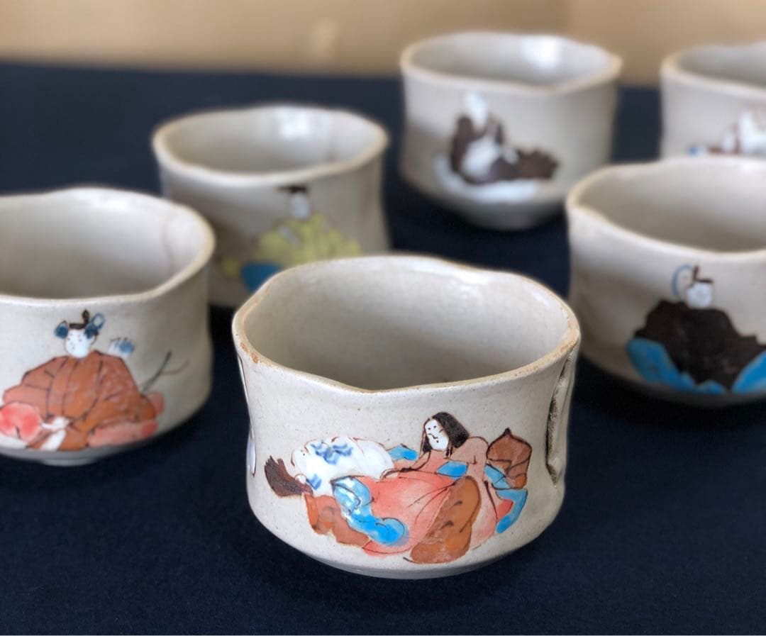 《レ》小倉百人一首 六歌撰 茶碗6客組 乾山深省 共布 共箱　251104う3