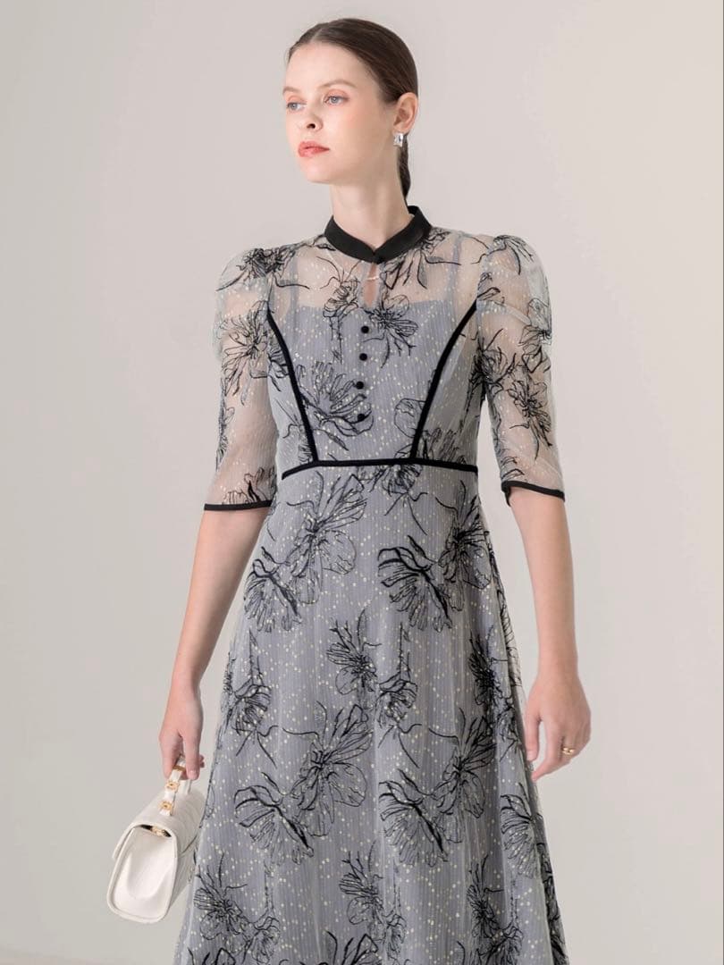 パイピングハイネック花柄ラメレースワンピースドレス結婚式二次会成人式パーティー