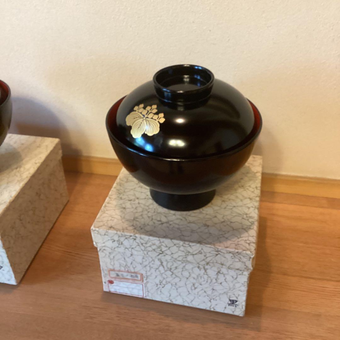 蓋付き椀　五三桐　家紋入り　沈金　輪島塗り　吸物椀　金彩入り　漆器　懐石料理