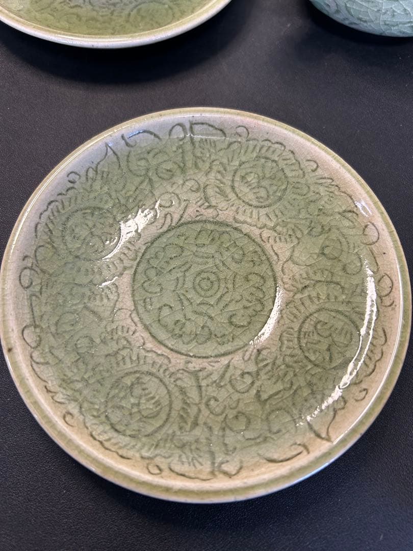 未使用保管品青磁タイセラドン焼きセット 旧家蔵出し、掘出し物、お茶