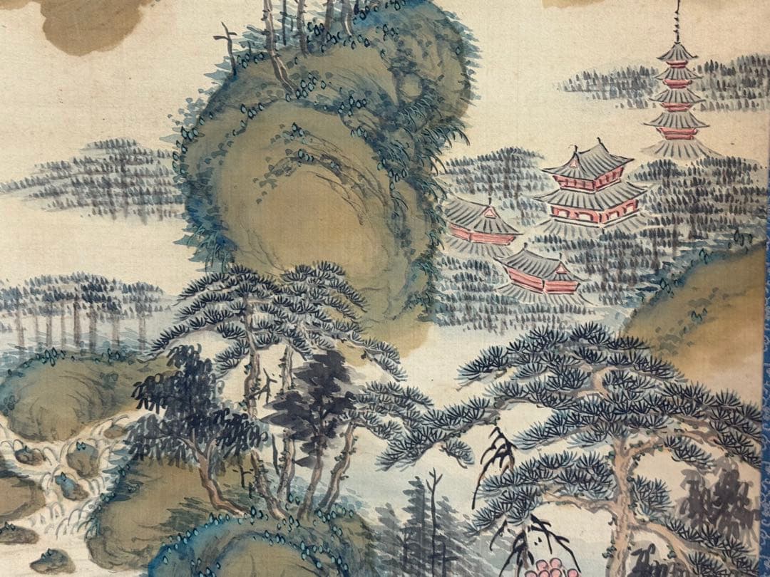 絹本肉筆　青緑山水　藍濤落款　掛軸　木箱入　送料込み250622