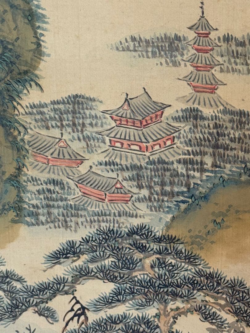 絹本肉筆　青緑山水　藍濤落款　掛軸　木箱入　送料込み250622