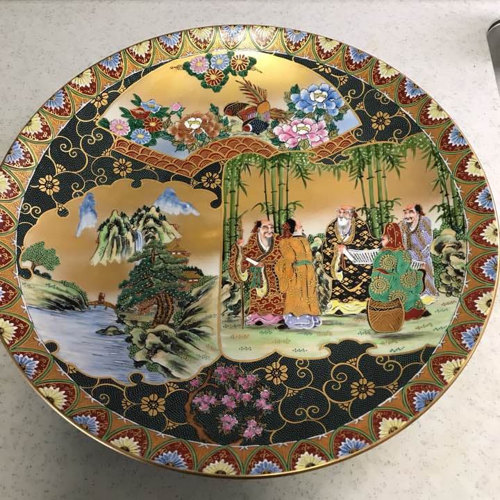 九谷焼 大雅作 飾皿 46cm 箱、スタンド付き