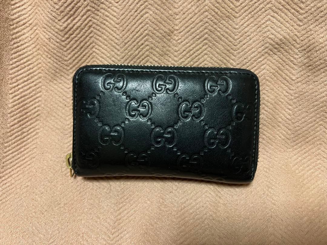 GUCCI 2484 ケース シマ ラウンドファスナー 黒 レザー