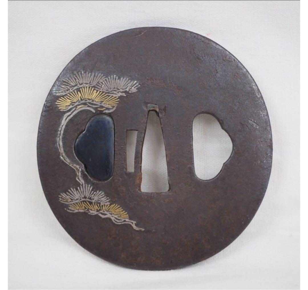 送料無料　江戸時代　金銀象嵌　亀鶴松竹文鍔　木箱付　刀剣美術