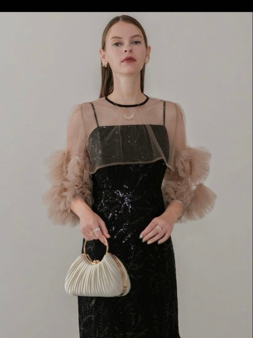 フラワースパンコールチュールフリルスリーブIラインワンピースドレス