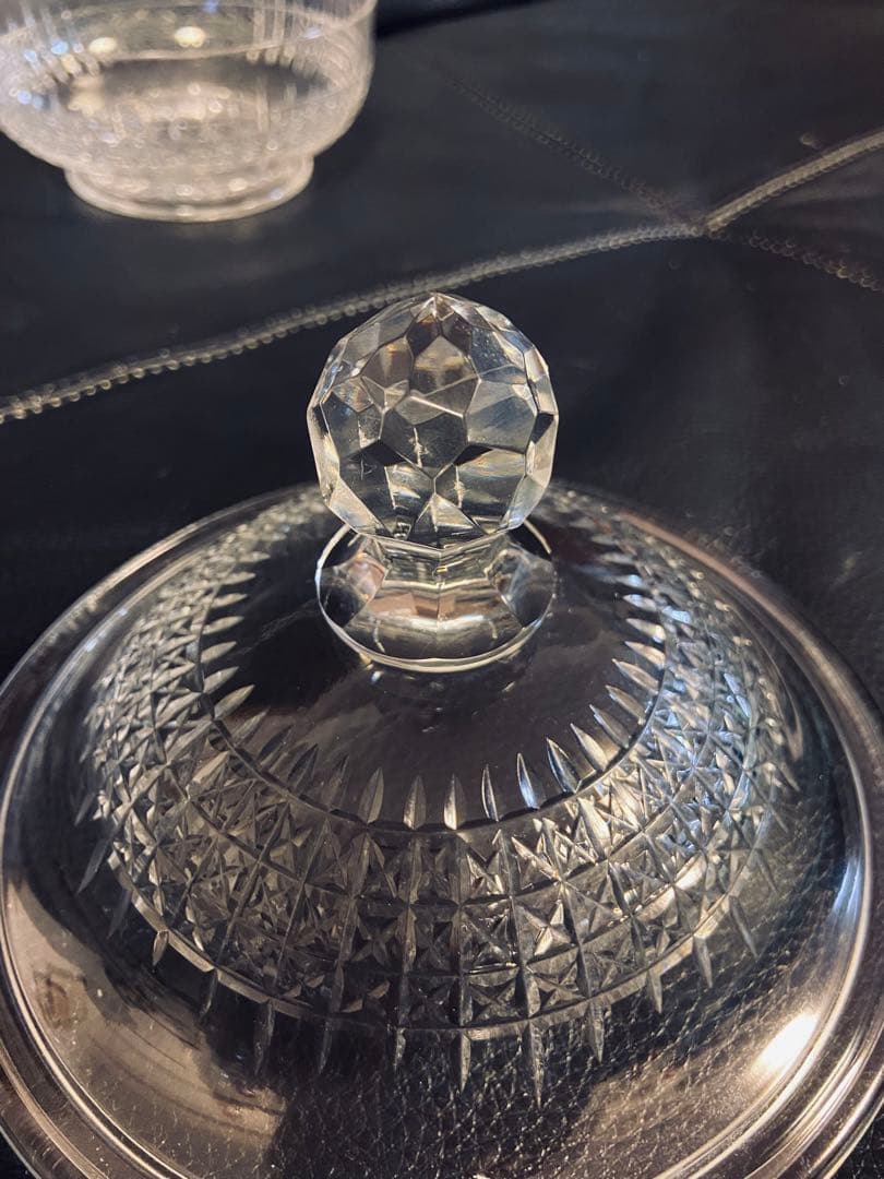 英国アンティーク クリスタル ボンボニエール ソーサー ハンドカット