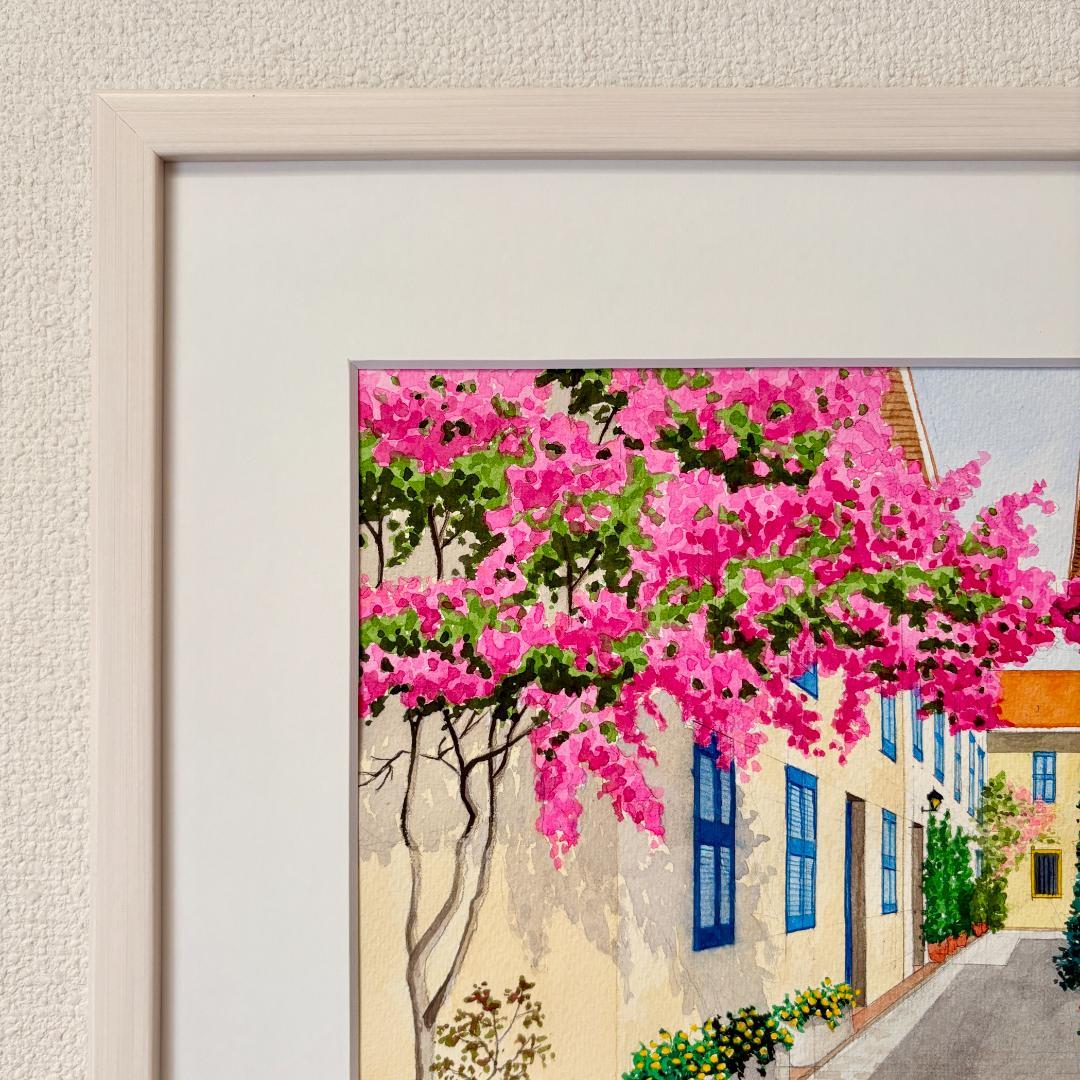 透明水彩画　原画　「花の咲く路地05」額縁付き　F4サイズ　風景画