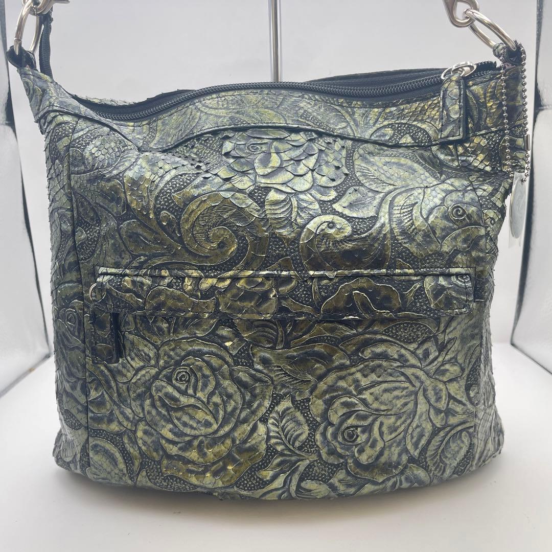 美品✨ JRA認定 パイソン レザー 2way ハンドバッグ バラ カービング