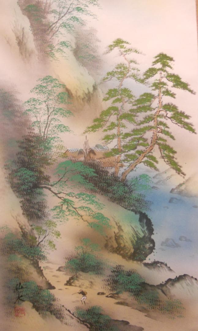 掛け軸 仙水 彩色山水 絹本 希少 軸装 茶道具 掛軸 美品 です。