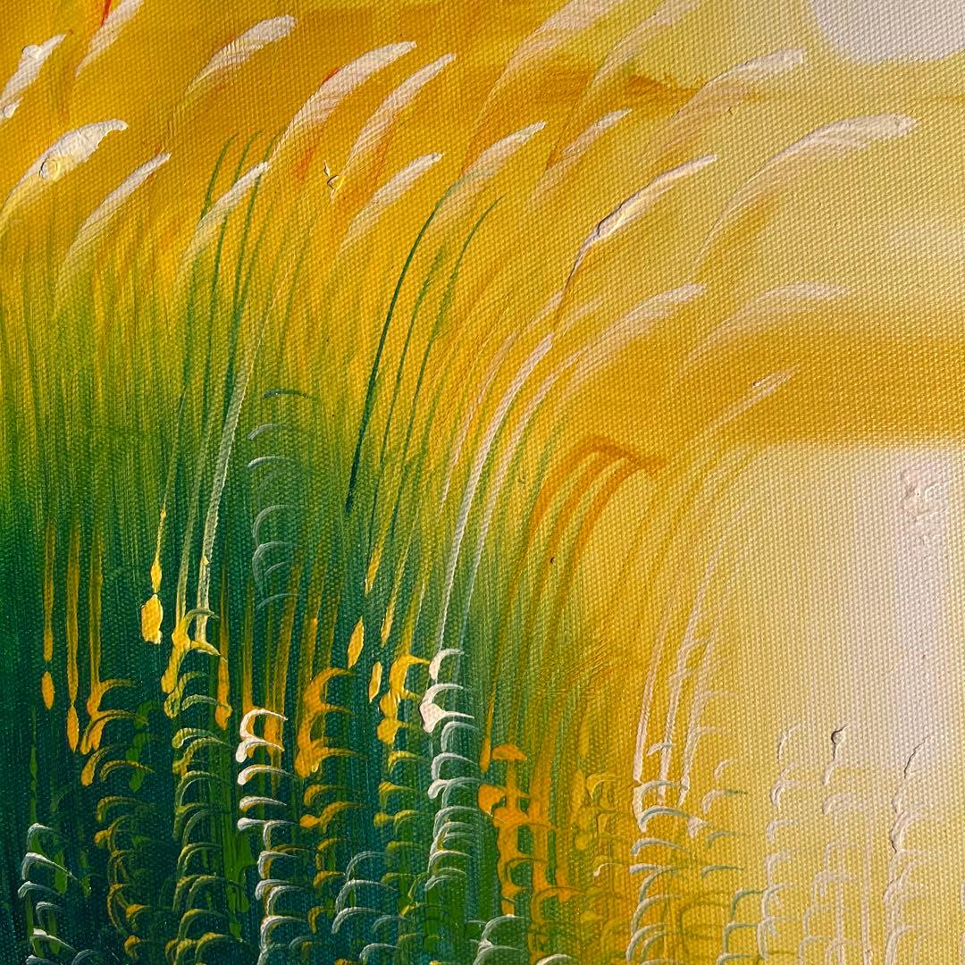 手書き油絵 湖と渡り鳥 額付き インテリア 油彩画