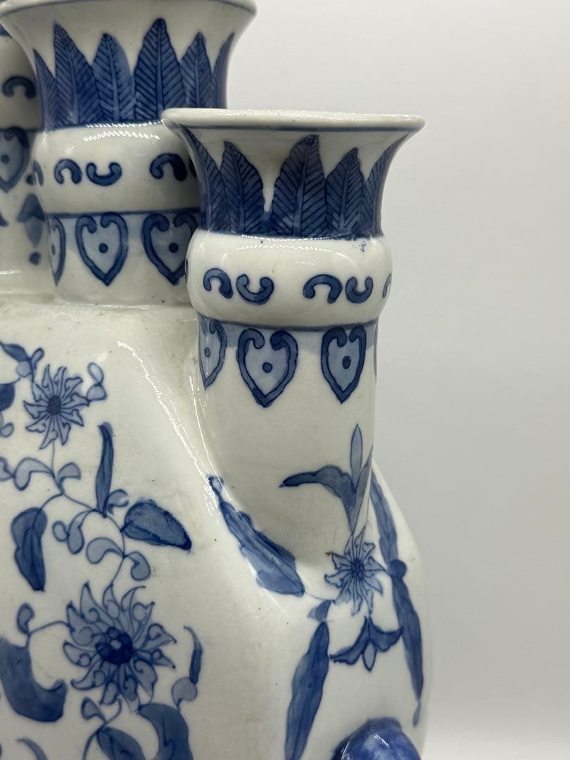 中国　染付　龍紋五管瓶　送料込み