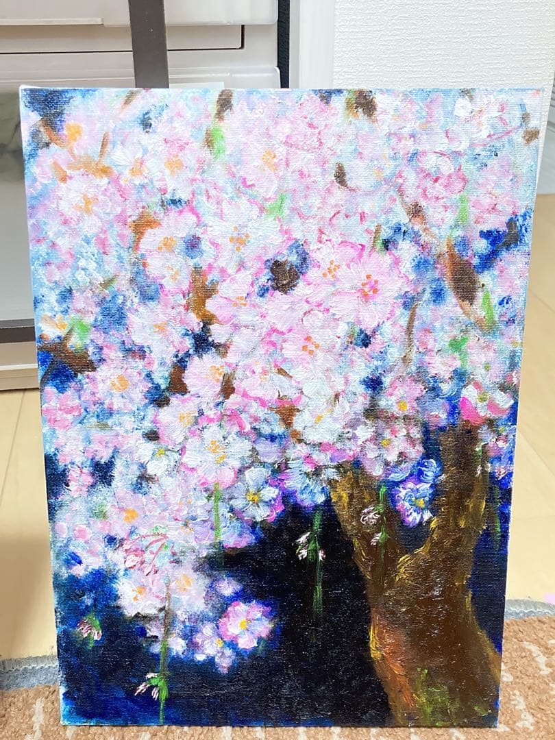 素人の油絵 夜桜 F4号キャンバス 送料無料